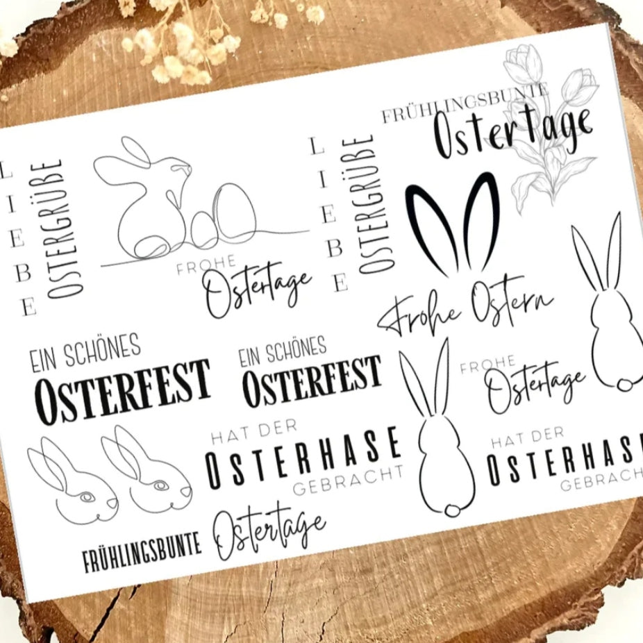 Rub on UV Sticker randlos Ostern von easy-sticks, kreatives Design mit österlichen Motiven wie Hasen, Eiern und frühlingshaften Grüßen für DIY-Projekte.
