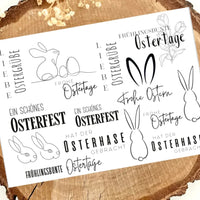 Rub on UV Sticker randlos Ostern von easy-sticks, kreatives Design mit österlichen Motiven wie Hasen, Eiern und frühlingshaften Grüßen für DIY-Projekte.