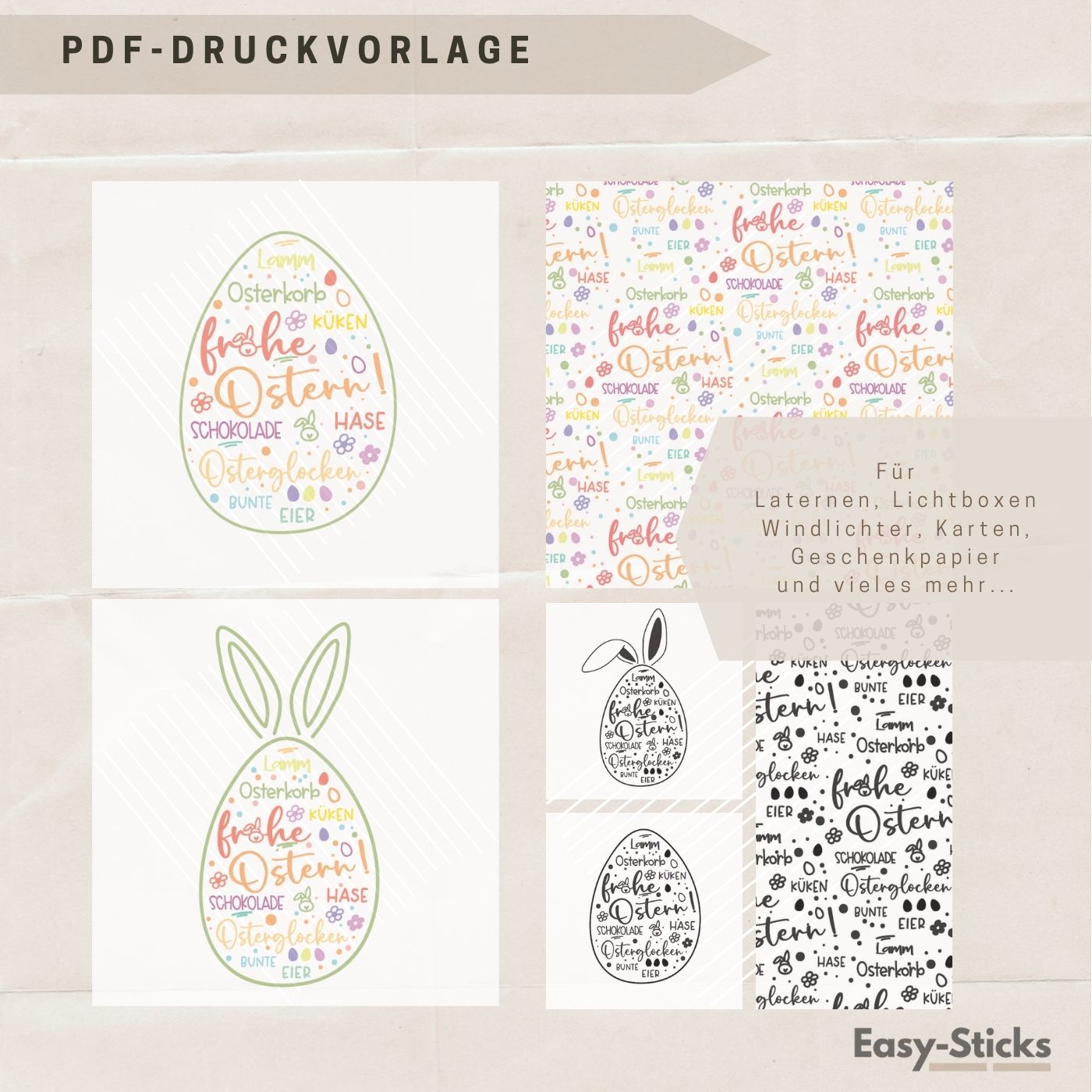 Bunte Oster Laterne PDF Druckvorlage von Easy-Sticks, ideal für kreative Dekorationen, Geschenkpapiere, Lichtboxen, Karten und weitere Bastelprojekte.