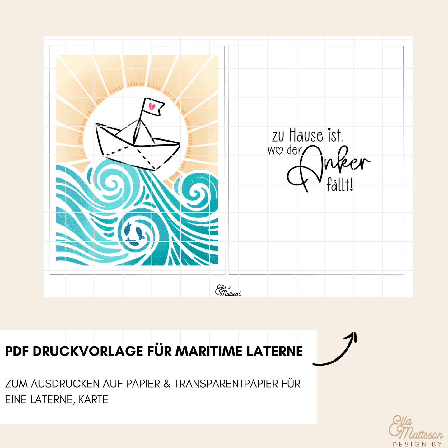 Ella Mattson Design Laterne PDF Vorschau Boot und Spruch: zu Hause ist, wo der Anker fällt.
