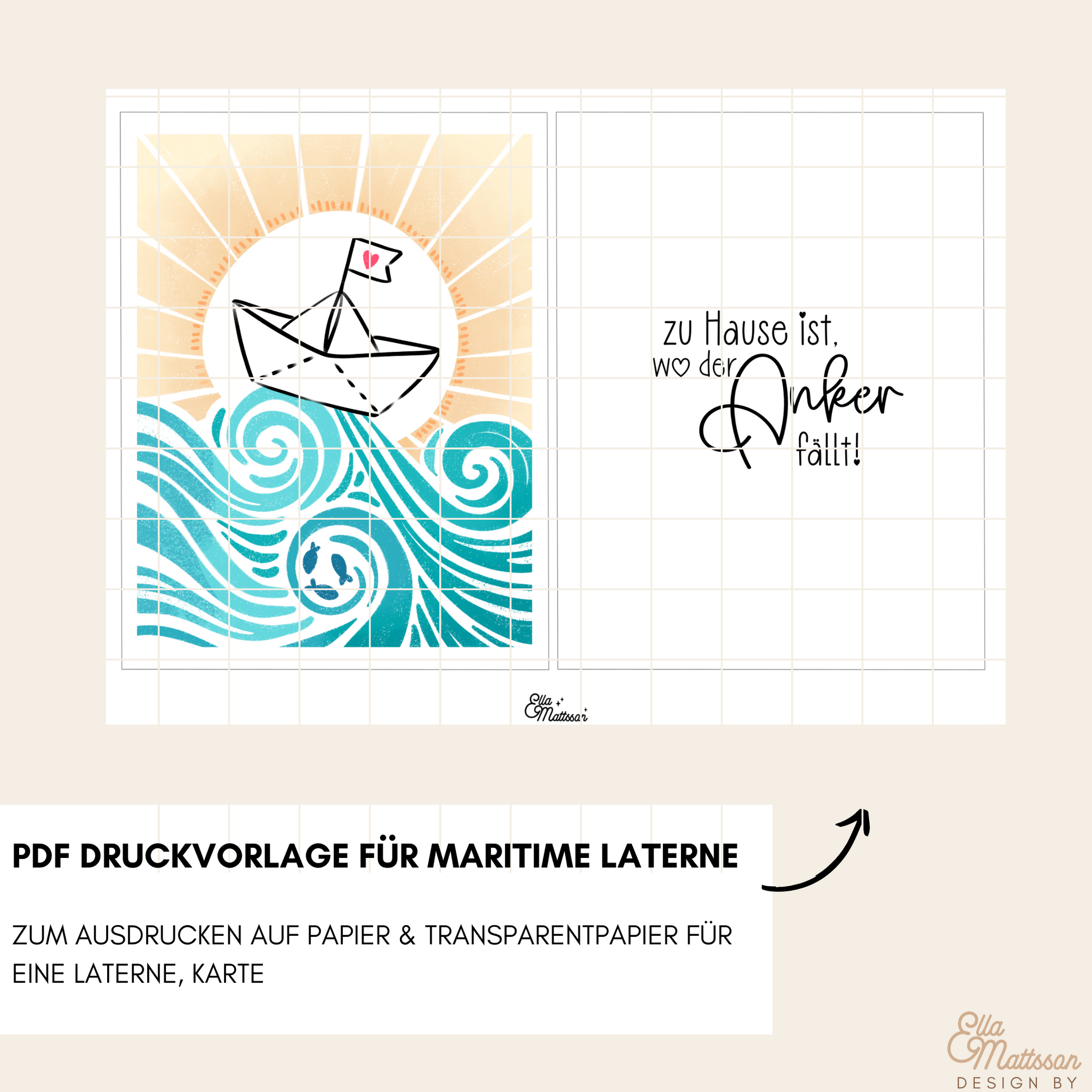 Ella Mattson Design Laterne PDF Vorschau Boot und Spruch: zu Hause ist, wo der Anker fällt.