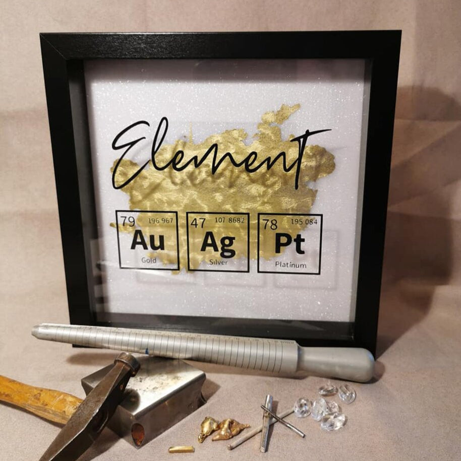 Kreatives Design mit Periodensystem Plott-Datei von easy-sticks. Rahmenbild mit chemischen Elementen Gold (Au), Silber (Ag) und Platin (Pt) auf goldener Struktur.
