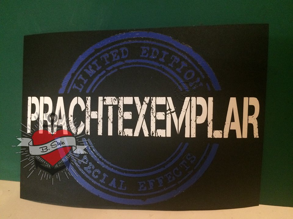 Stylische Karte mit dem Schriftzug 'Prachtexemplar' in kräftigen Farben, ideal für besondere Anlässe, gestaltet von easy-sticks.