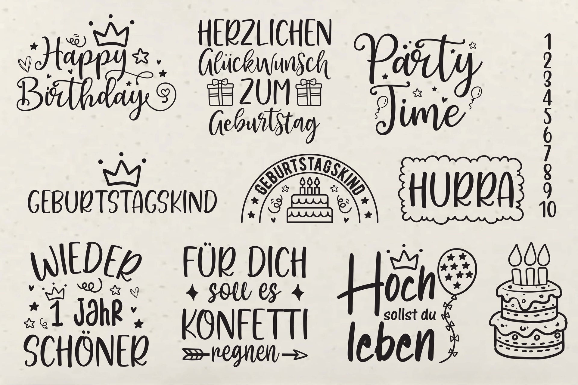 Schöne und kreative Sprüche von easy-sticks für Geburtstagskarten und DIY-Projekte: Happy Birthday, Herzlichen Glückwunsch zum Geburtstag, Party Time, Geburtskinder, und viele mehr.