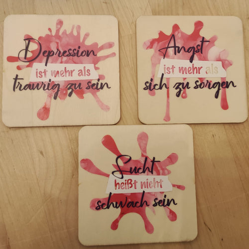 Holzuntersetzer mit inspirierenden Sprüchen über emotionale Gesundheit, gefertigt mit der Psyche Plotterdatei von easy-sticks.