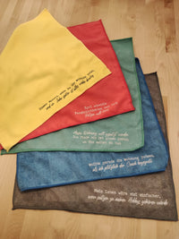 Fünf bunte Reinigungstücher mit inspirierenden Sprüchen, präsentiert von easy-sticks, ideal für humorvolle Akzente bei der Haushaltsreinigung.