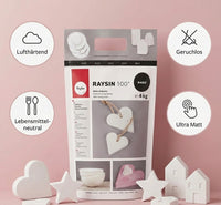 Raysin Gießpulver 100, 4kg Beutel mit lufthärtenden, geruchsneutralen Eigenschaften für kreative Gießprojekte.