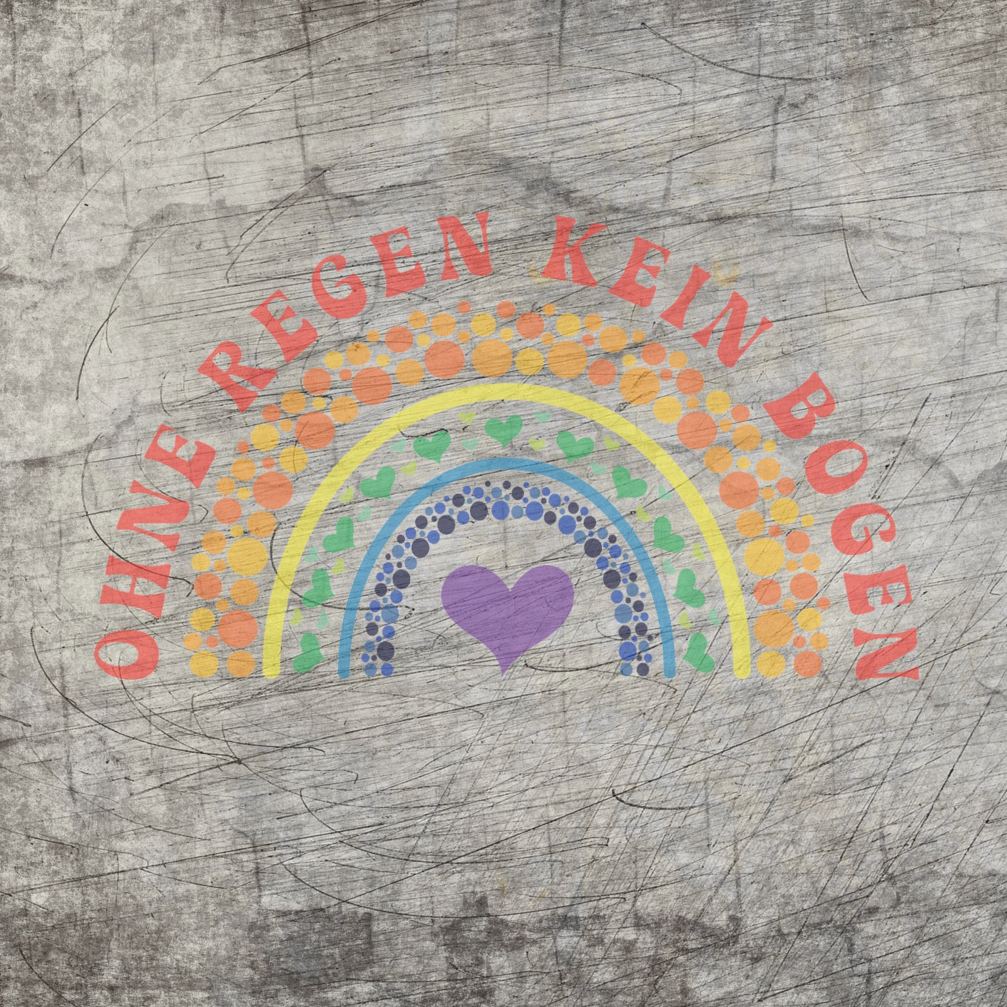 Illustration mit dem bunten Druck "Regenbogen - Ohne Regen kein Bogen" von easy-sticks, geeignet für Druckprojekte.