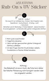 Rub On UV Sticker randlos Liebe A5 - schwarze Druckschrift: Eine grafische Anleitung zur Anwendung von Rub-On Stickern, präsentiert in einem modernen Layout mit klaren Schritten. Erschaffen von easy-sticks.