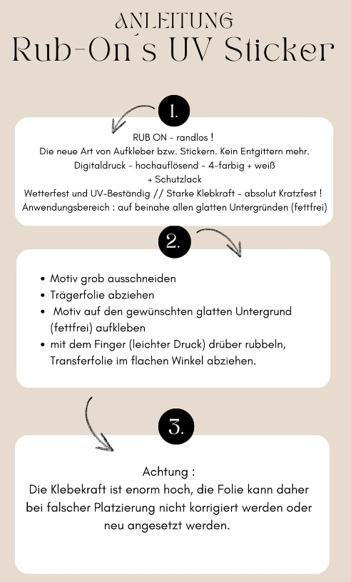 Anleitung für Rub On UV Sticker von easy-sticks, die Prozesse und Tipps zur Anwendung der randlosen Sticker aufgelistet, um ein bestmögliches Ergebnis zu erzielen.