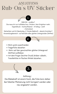 Anleitung für Rub On UV Sticker von easy-sticks: Schritt-für-Schritt Anleitung zur Anwendung der randlosen Sticker für kreative DIY-Projekte.