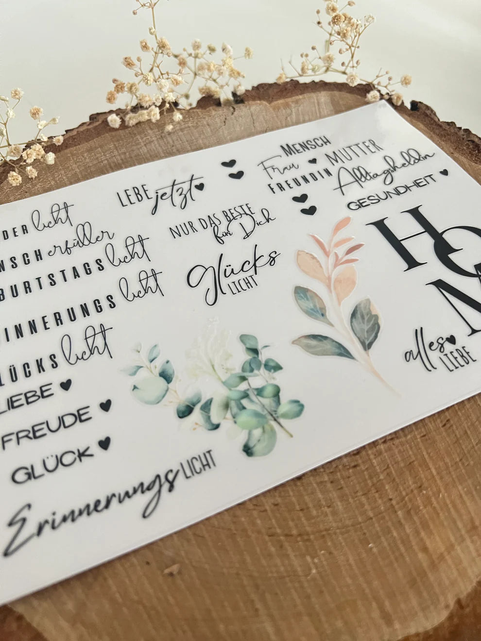 Set von Rub On UV Stickern von easy-sticks mit verschiedenen liebevollen Sprüchen und botanischen Motiven für kreative DIY-Projekte - Rub on UV Sticker randlos Mix 0 A5