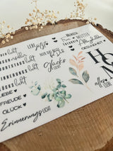 Set von Rub On UV Stickern von easy-sticks mit verschiedenen liebevollen Sprüchen und botanischen Motiven für kreative DIY-Projekte - Rub on UV Sticker randlos Mix 0 A5