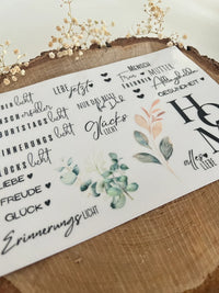 Set von Rub On UV Stickern von easy-sticks mit verschiedenen liebevollen Sprüchen und botanischen Motiven für kreative DIY-Projekte - Rub on UV Sticker randlos Mix 0 A5