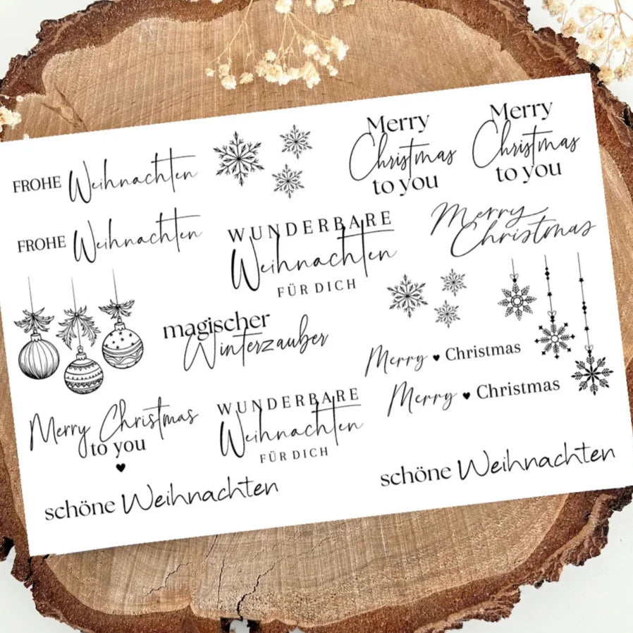 Frohe Weihnachten Sticker - Randlos, Wetterfest & UV-Beständig, A5 schwarz Frohe Weihnachten Merry Christmas to you Weihnachtskugeln Schneeflocken schöne Weihnachten