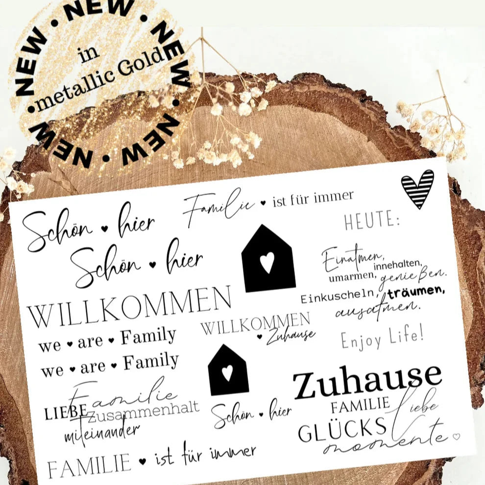 Zuhause Rub On Sticker Gold von easy-sticks im klassischen Schwarz, mit eleganten Schriftzügen und Symbolen für kreative Dekoration, passend für jedes Zuhause.