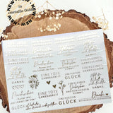 Rub on UV Sticker randlos gold Dankbarkeit A5 von easy-sticks. Edle metallic goldene Aufkleber mit verschiedenen Dankes-Sprüchen und floralen Motiven auf klarer Folie.