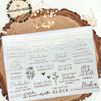 Rub on UV Sticker randlos gold Dankbarkeit A5 von easy-sticks. Edle metallic goldene Aufkleber mit verschiedenen Dankes-Sprüchen und floralen Motiven auf klarer Folie.