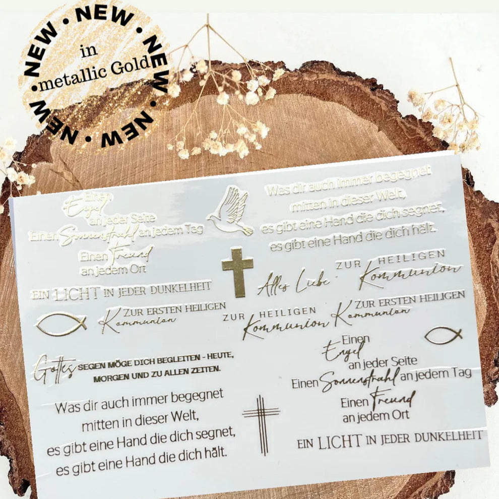 Rub on UV Sticker randlos Gold Sprüche Kommunion/ Konfirmation/ Taufe A5 von easy-sticks, zeigt liebevolle, religiöse Sprüche und Symbole wie ein Kreuz und eine Taube auf glänzendem Hintergrund.