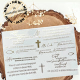 Rub on UV Sticker randlos Gold Sprüche Kommunion/ Konfirmation/ Taufe A5 von easy-sticks, zeigt liebevolle, religiöse Sprüche und Symbole wie ein Kreuz und eine Taube auf glänzendem Hintergrund.