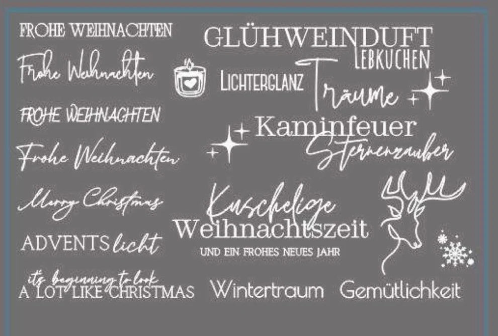 Frohe Weihnachten Rub on UV Sticker Mix5 in weiß von easy-sticks, zeigt verschiedene Weihnachtsmotive und -sprüche in elegantem Design.