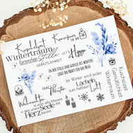 Rub on UV Sticker randlos Winter A5 von easy-sticks mit winterlichen Motiven und Schriftzügen, ideal zum Dekorieren und Gestalten von winterlichen Projekten.