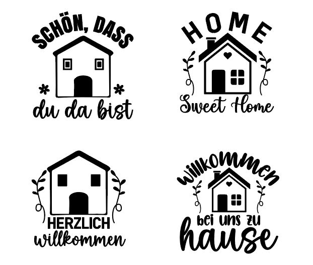 Stylische Plotterdateien mit einladenden Sprüchen für den Heimdekorationsbereich. Enthält Designs wie "Schön, dass du da bist" und "Herzlich Willkommen" vom Vendor easy-sticks, Teil des Bündels "Herzlich Willkommen".