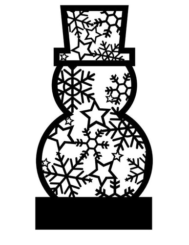 Schwarz-weißer Schneemann mit detaillierten Schneeflocken und Sternen. Perfekte Plotterdatei für kreative Bastelprojekte. Erhalte die Schneemann Plotterdatei von easy-sticks und bringe winterlichen Charme in deine Designs.