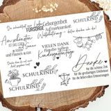 Kreatives Rub on UV Sticker Set von easy-sticks mit verschiedenen Sprüchen und Illustrationen, ideal für Schulkind-Projekte und Geschenke.