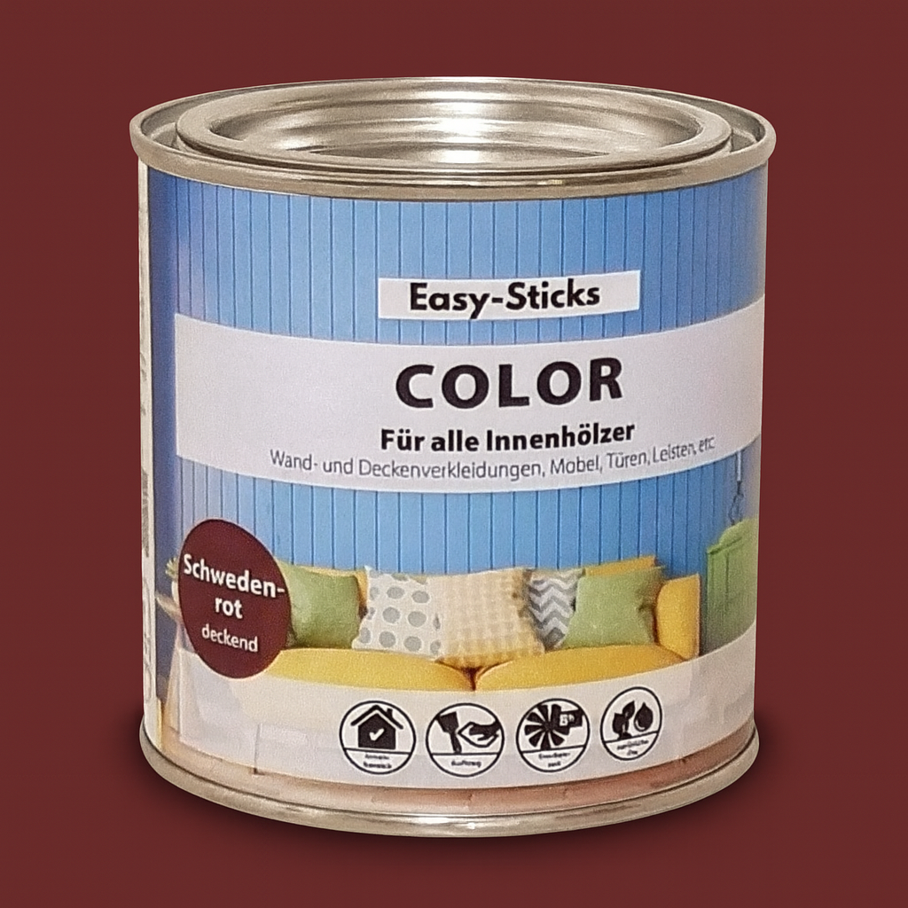 Easy-Sticks Color Holzfarbe Schweden Rot in einer Dose für alle Innenhölzer, ideal zum Verschönern von Möbeln und Holzoberflächen.