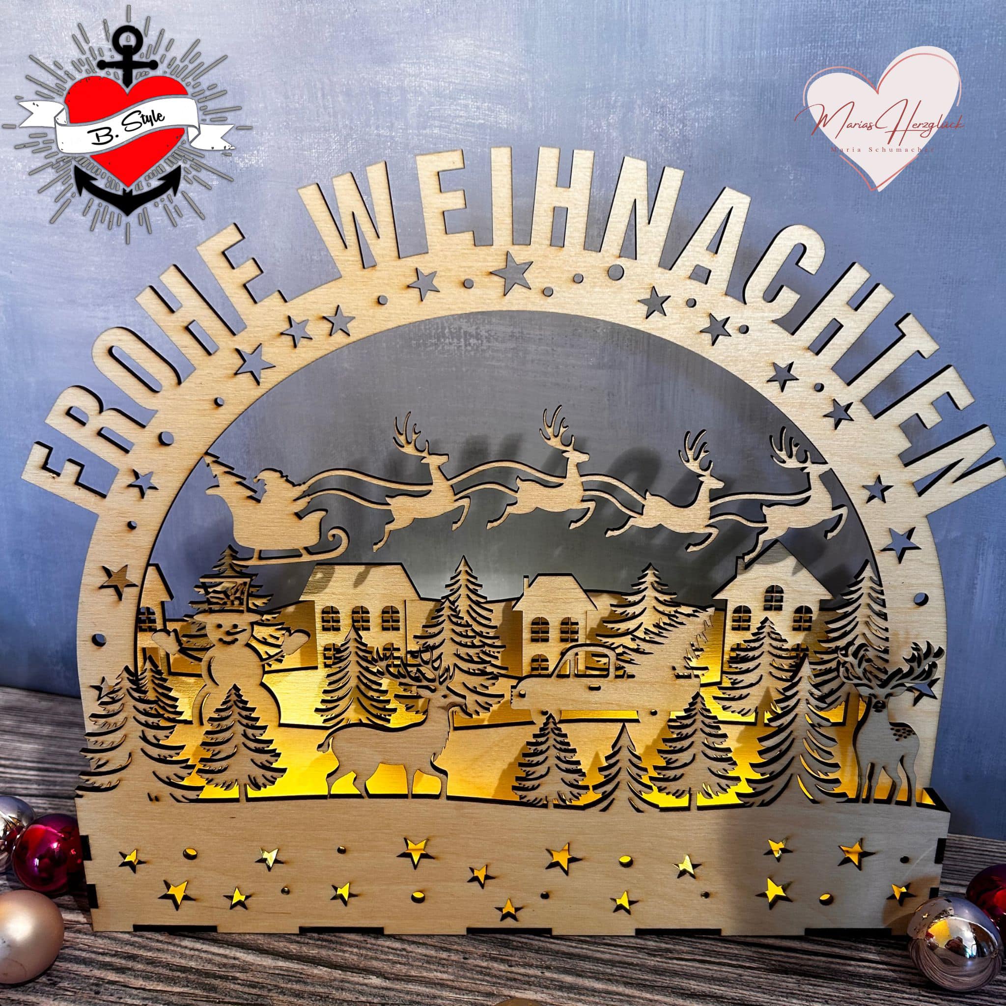 Frohe Weihnachten Schwibbogen Laser datei zum Downloaden und basteln verschenken Weihnachtsgeschenk  Wald Rentiere Weihnachtsmann Nikolaus