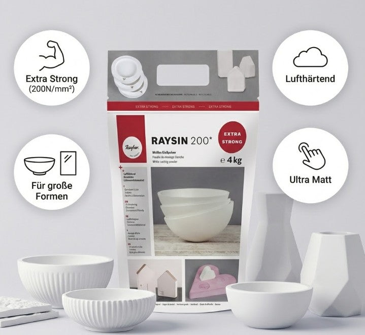Raysin 200 Gießpulver im 4kg-Beutel für große Objekte, extra starke Gießmasse für anspruchsvolle Projekte.