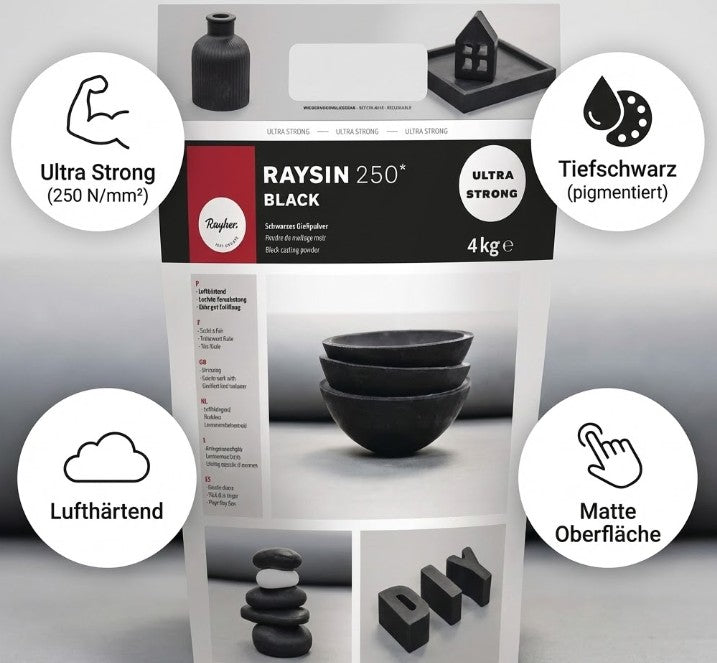 Raysin Gießpulver Raysin 250 Black 4kg für starke Gießprojekte mit ultra starker Festigkeit.