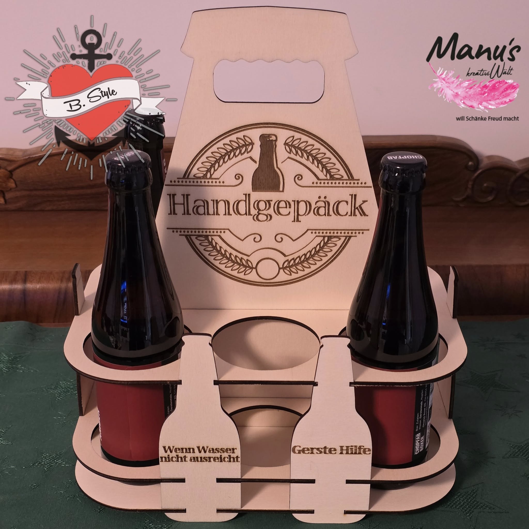 Sixpack_Bild: Bild mit Laserdatei aus Holz für 3 und 4 mm Bierträger, Sixpack zum tragen für Flaschen und Schriftzug Handgepäck