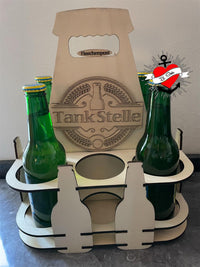 Sixpack_Bild: Bild mit Laserdatei aus Holz für 3 und 4 mm Bierträger, Sixpack zum tragen für Flaschen und Schriftzug Tankstelle