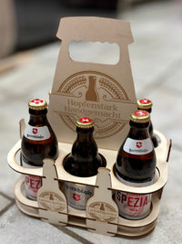 Sixpack_Bild: Bild mit Laserdatei aus Holz für 3 und 4 mm Bierträger, Sixpack zum tragen für Flaschen und Schriftzug Hopfenstark handgemacht