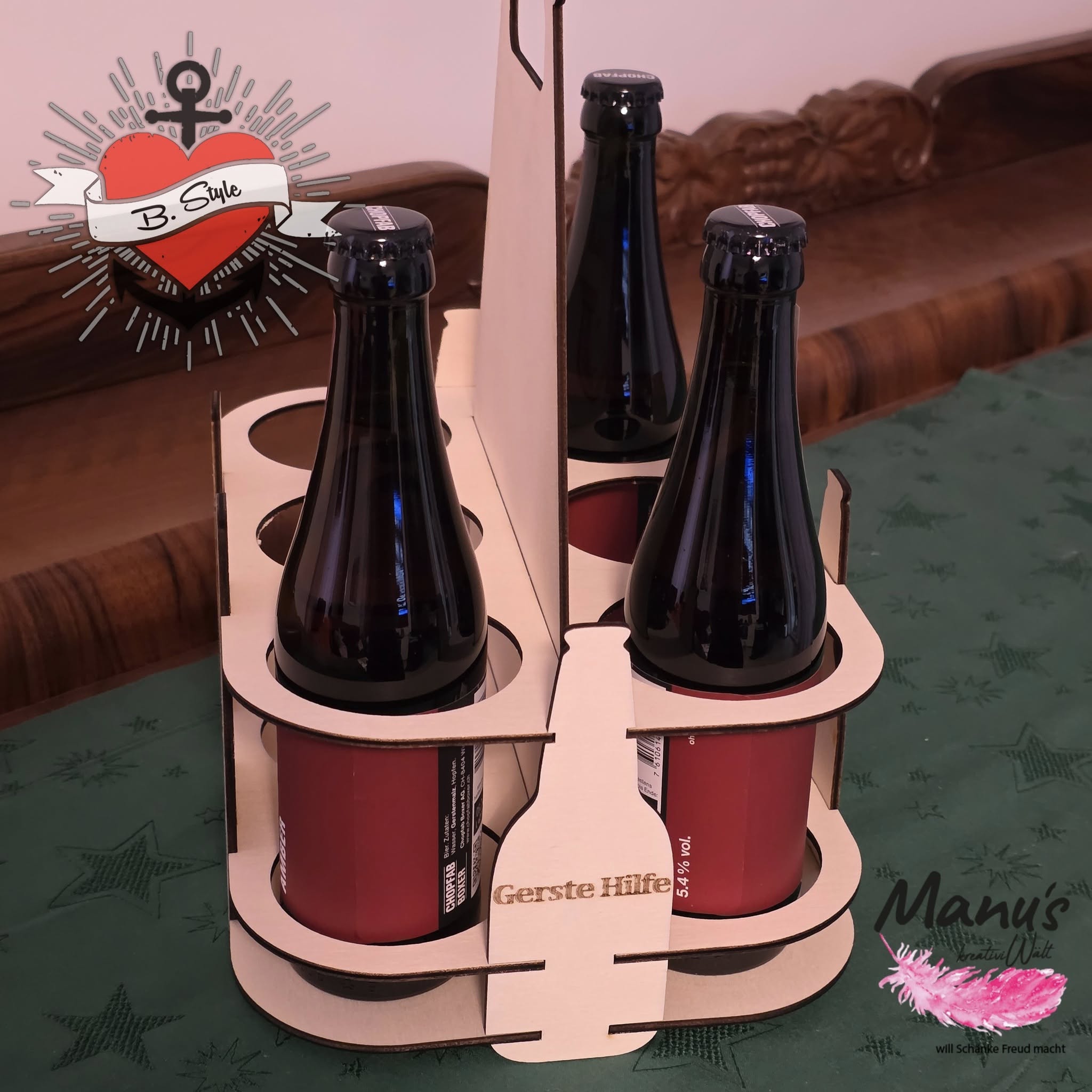 Sixpack_Bild: Bild mit Laserdatei aus Holz für 3 und 4 mm Bierträger, Sixpack zum tragen für Flaschen und Schriftzug Gerste Hilfe