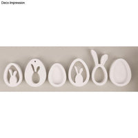 Silikon-Gießform von Easy-Sticks - Osteranhänger mit verschiedenen Motiven in Form von Eiern und Hasen, ideal für kreative Frühlingsdekorationen.