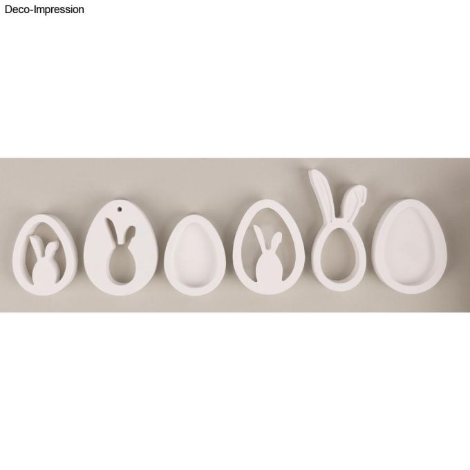 Silikon-Gießform von Easy-Sticks - Osteranhänger mit verschiedenen Motiven in Form von Eiern und Hasen, ideal für kreative Frühlingsdekorationen.