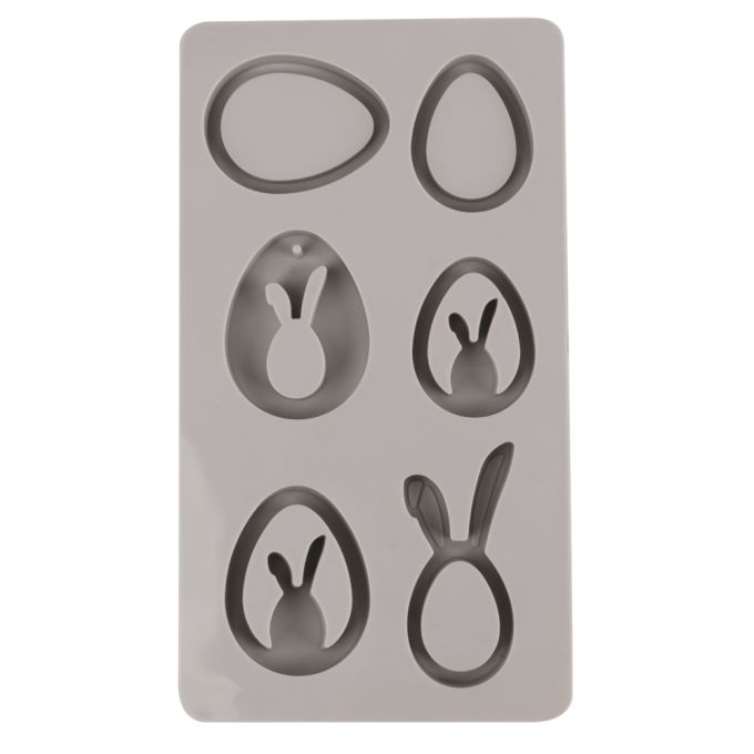 Silikon-Gießform von Easy-Sticks mit verschiedenen Osteranhängern in Ei- und Hasenformen für kreative österliche Dekorationen.