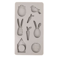 Silikonform Happy Spring von Easy-Sticks, zeigt eine Vielzahl österlicher Motive wie Hase, Vogel und Osterei, ideal für kreative Beton- und Gießharzprojekte.