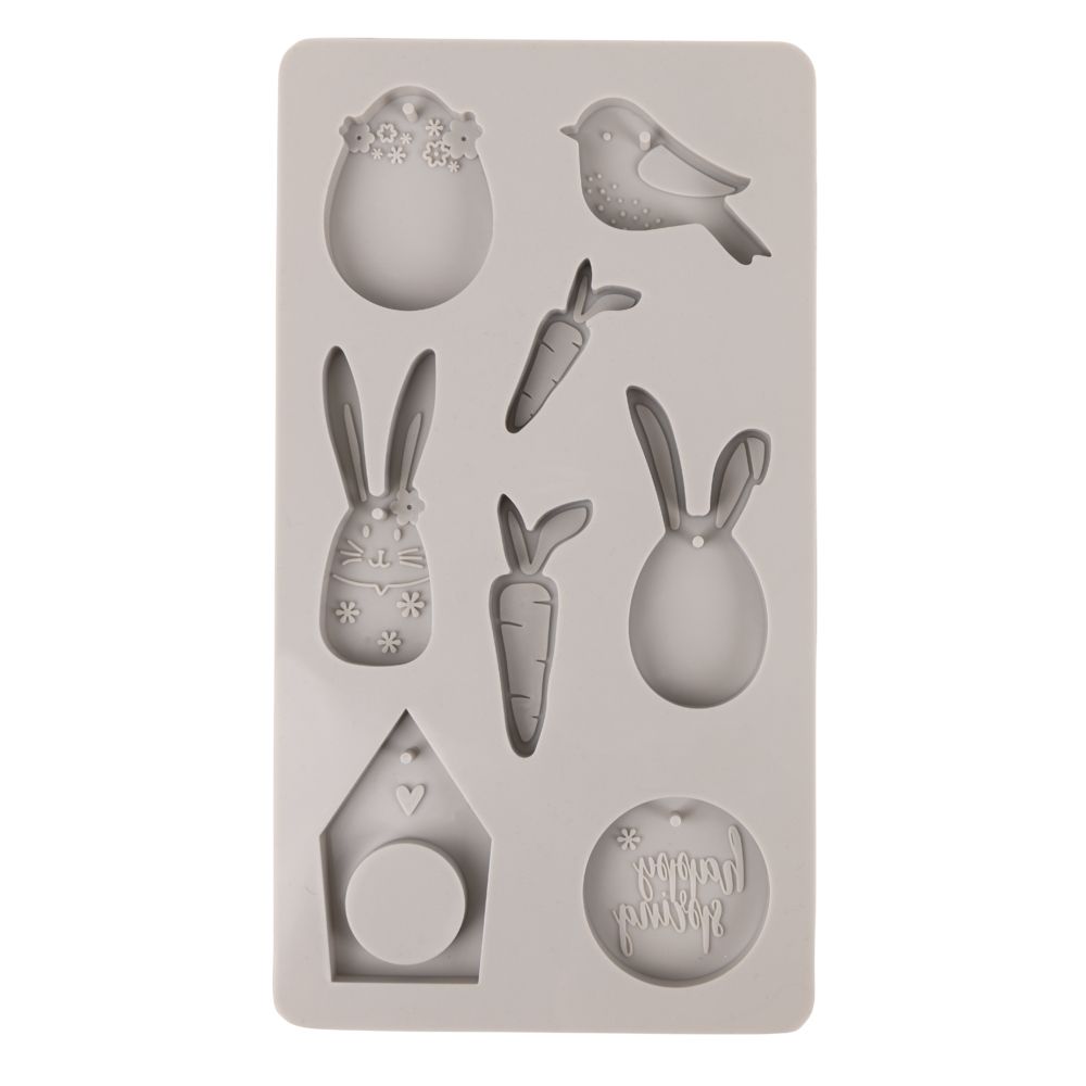 Silikonform Happy Spring von Easy-Sticks, zeigt eine Vielzahl österlicher Motive wie Hase, Vogel und Osterei, ideal für kreative Beton- und Gießharzprojekte.