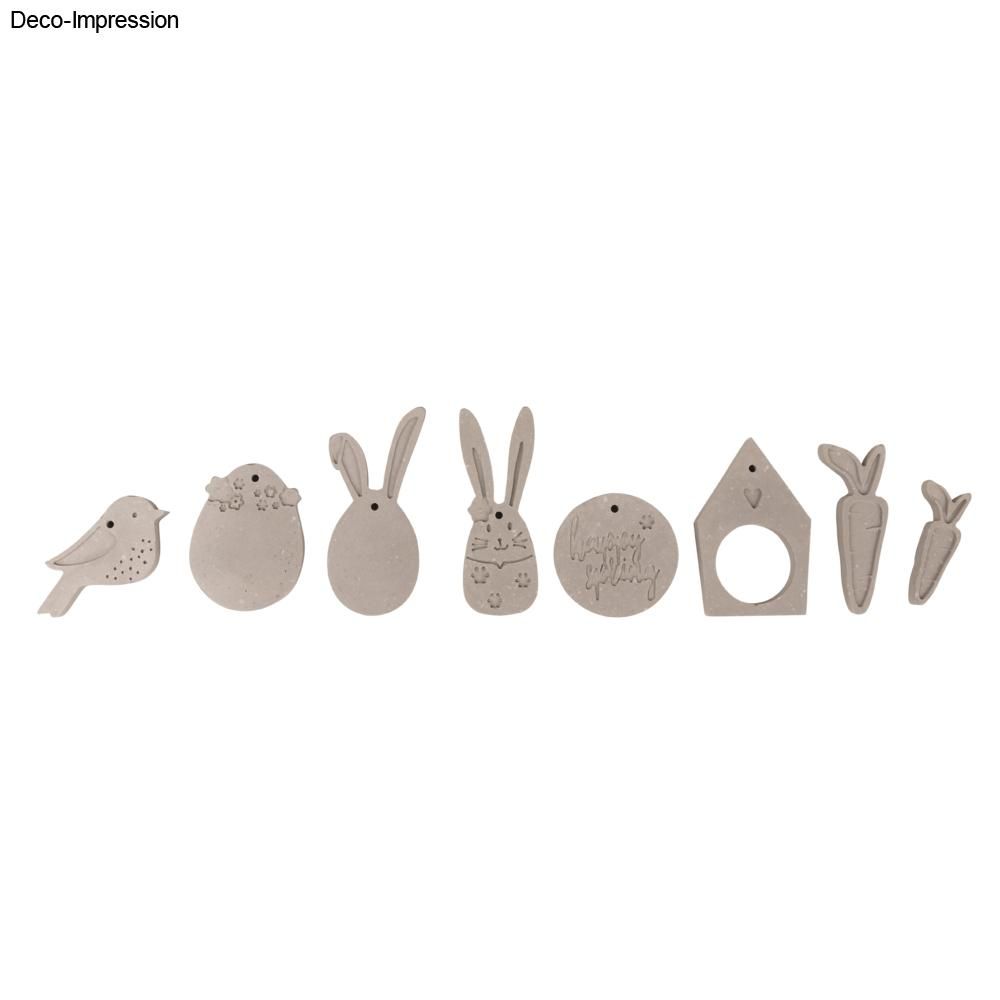 Vielfältige Motive von der Silikonform 'Happy Spring' von Easy-Sticks, darunter Vögel, Hasen und Ostereier, perfekt für die Frühlingsdekoration.