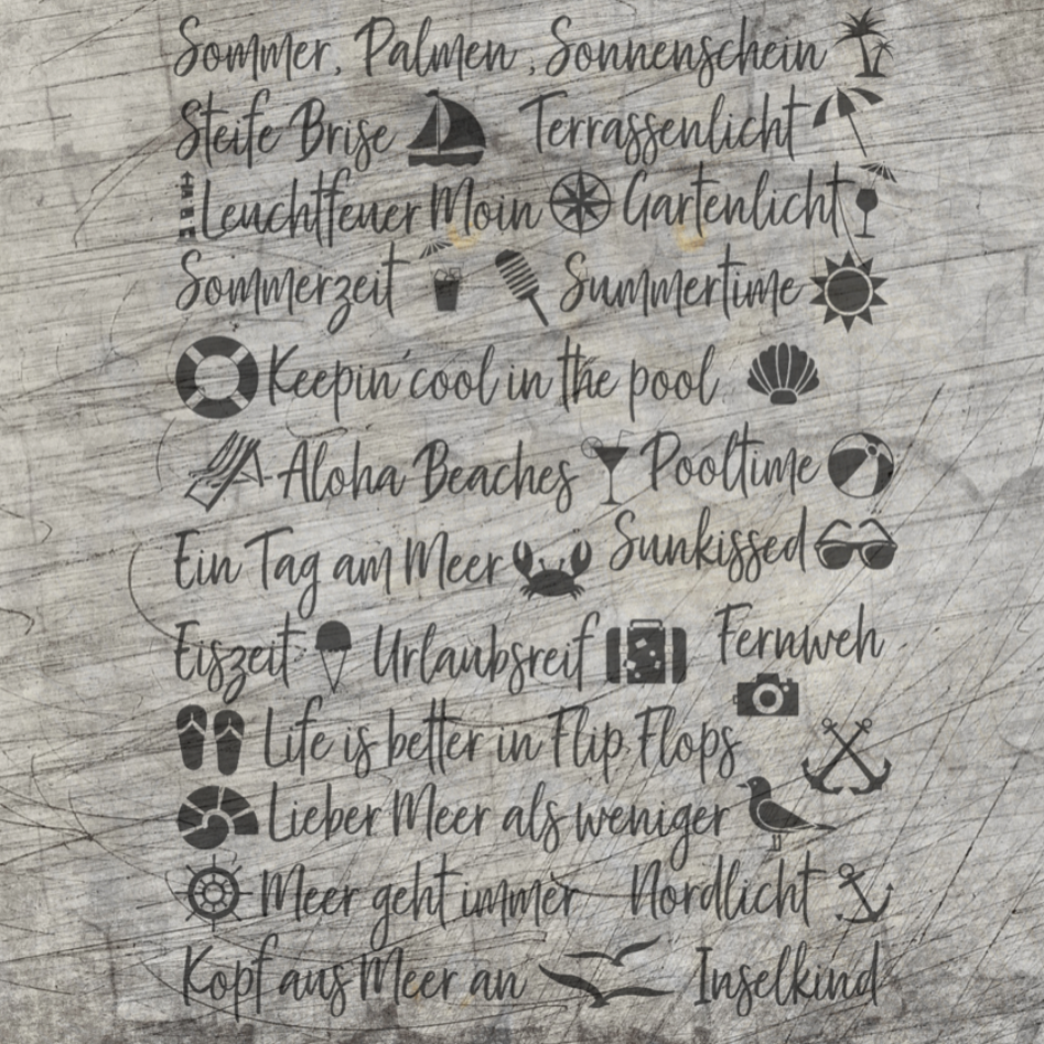 Kreative Sommer- und Urlaub Sprüche Plotterdatei von easy-sticks auf einem Holzuntergrund mit verschiedenen Urlaubsmotiven und Sprüchen wie "Keepin cool in the pool" und "Aloha Beaches".