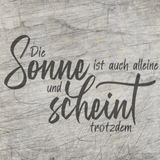 Kreatives Design mit dem Spruch "Die Sonne ist auch alleine und scheint trotzdem" auf rustikalem Hintergrund, ideal für DIY-Projekte von easy-sticks.