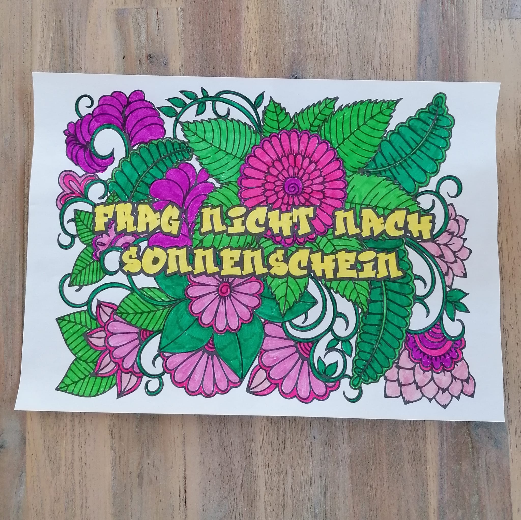 Bunt ausgefüllte Ausmalversion der Plotterdatei "Frag nicht nach Sonnenschein" mit floralen Elementen, erhältlich bei easy-sticks.