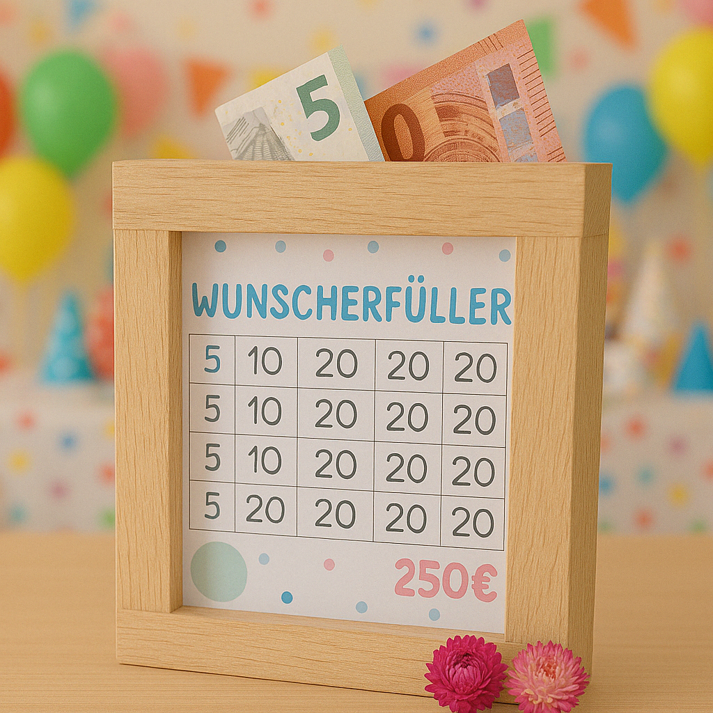 Wunscherfüller PDF für Sparbox von easy-sticks, zeigt eine kreative Sparschwein-Vorlage mit abgehakten Beträgen und bunten Luftballons im Hintergrund.
