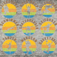 Bunte Sportabzeichen von easy-sticks, inklusive Eishockey, Hula Hoop, Schwimmen, Tanzen, Skateboarden, Skifahren, Wandern und Basketball, perfekt für kreative Projekte mit der Sport 2 Abzeichen Plotterdatei.