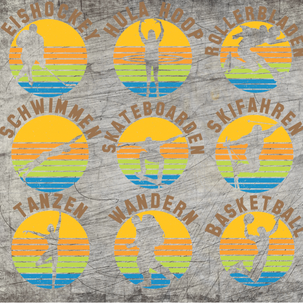 Bunte Sportabzeichen von easy-sticks, inklusive Eishockey, Hula Hoop, Schwimmen, Tanzen, Skateboarden, Skifahren, Wandern und Basketball, perfekt für kreative Projekte mit der Sport 2 Abzeichen Plotterdatei.