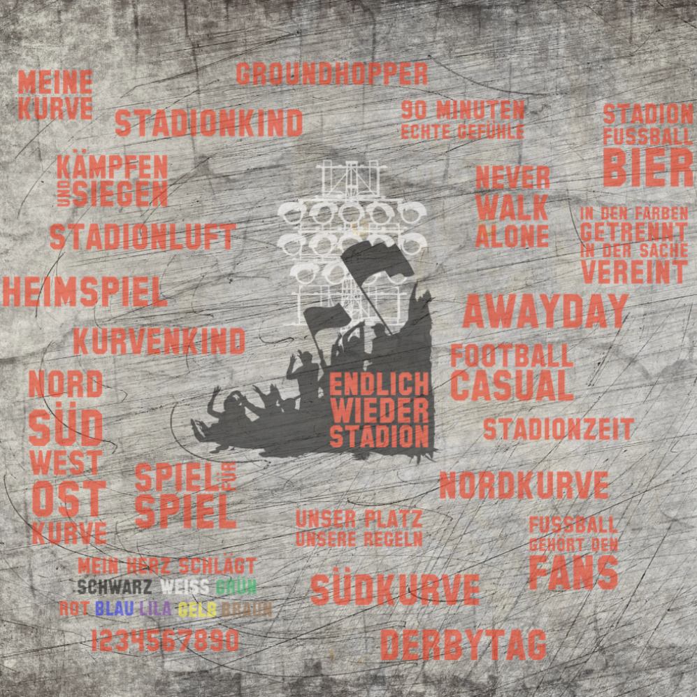 Grafikdesign mit Stadion-Sprüchen wie "Endlich wieder Stadion" und "90 Minuten echte Gefühle". Ideal für Fußballfans, erstellt von easy-sticks, Teil der Plotterdatei "Stadionzeit".